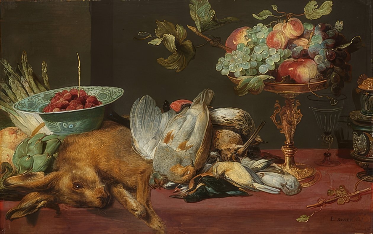 Stilleven met kleinwild en fruit door Frans Snyders or Snijders