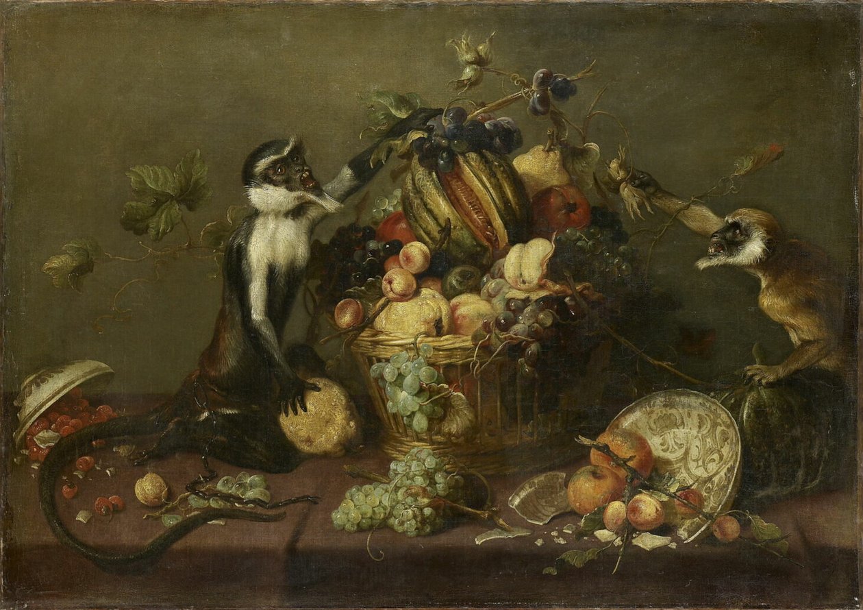 Twee apen plunderen een fruitmand door Frans Snyders