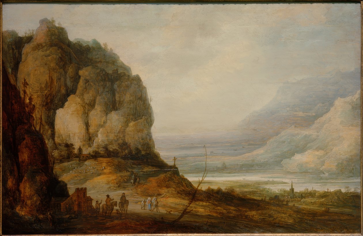 Rivierdalg met stad en bergen door Frans de Momper