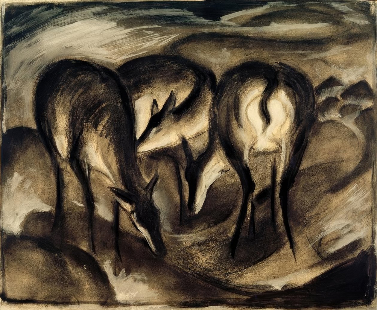 Herten bij de bron (Drie herten) door Franz Marc