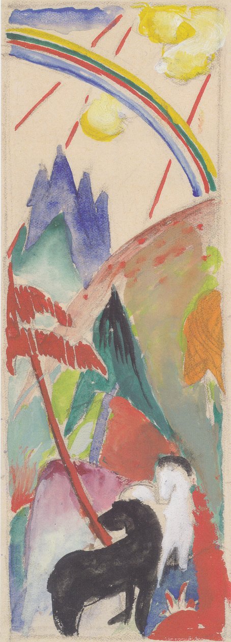 Zwart en wit paard in berglandschap met regenboog door Franz Marc