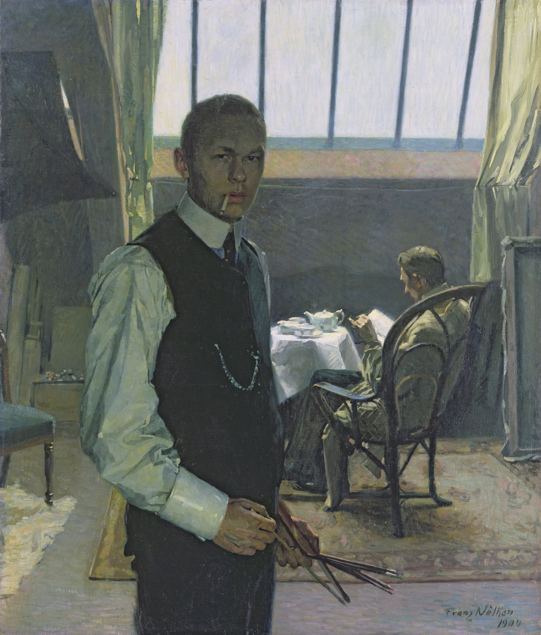 Zelfportret in het atelier, 1904 door Franz Nolken