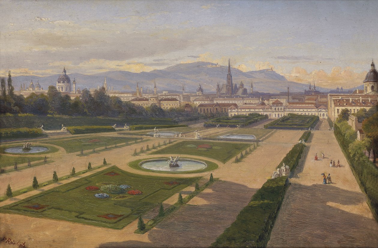 Uitzicht vanuit de tuin van het Belvedere richting Wenen, de Kahlen en de Leopoldsberg door Franz Reinhold