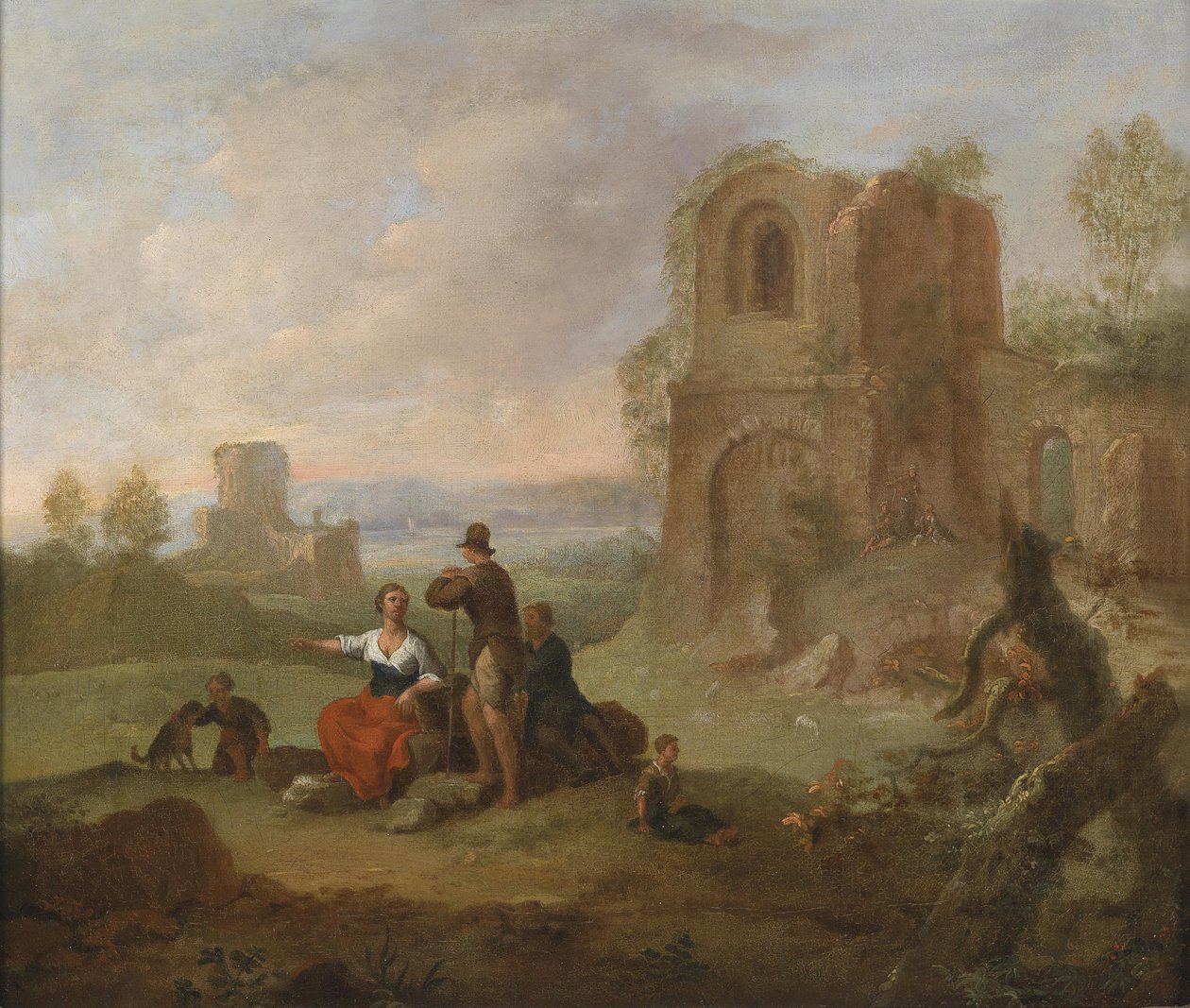 Ruïnelandschap met rustende wandelaars door Franz Ferg