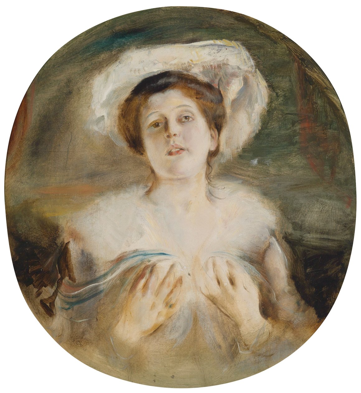 Portret van een dame met witte hoed door Franz Seraph von Lenbach