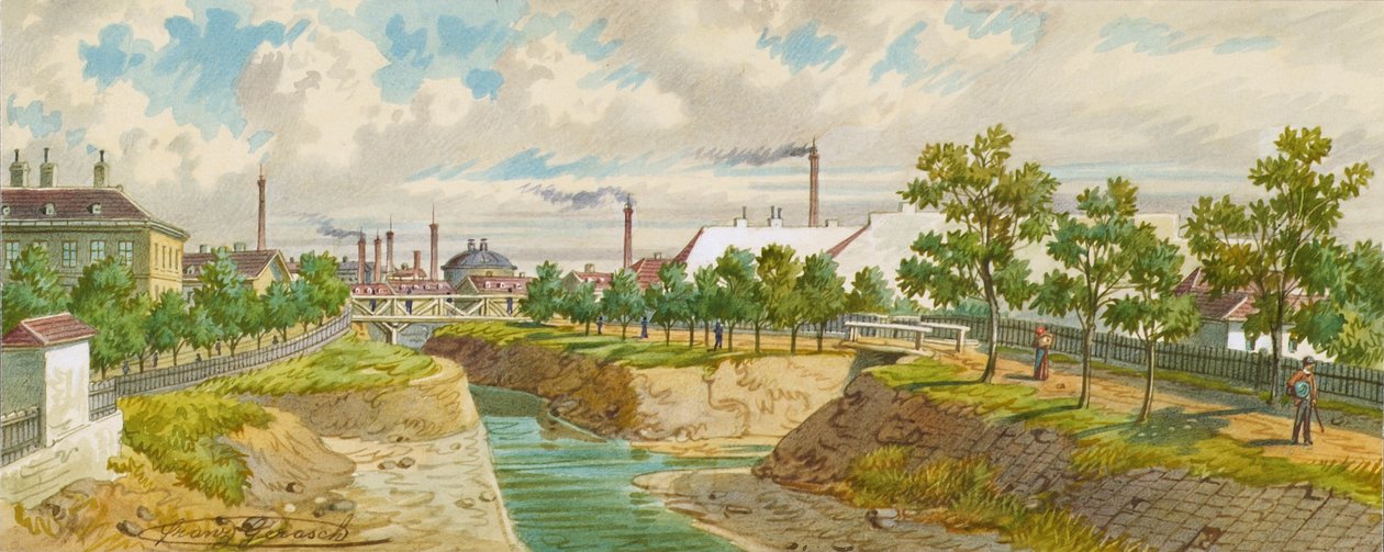 De Hoblingersteg over de Wienfluss (Gaudenzdorf) door Franz Gerasch