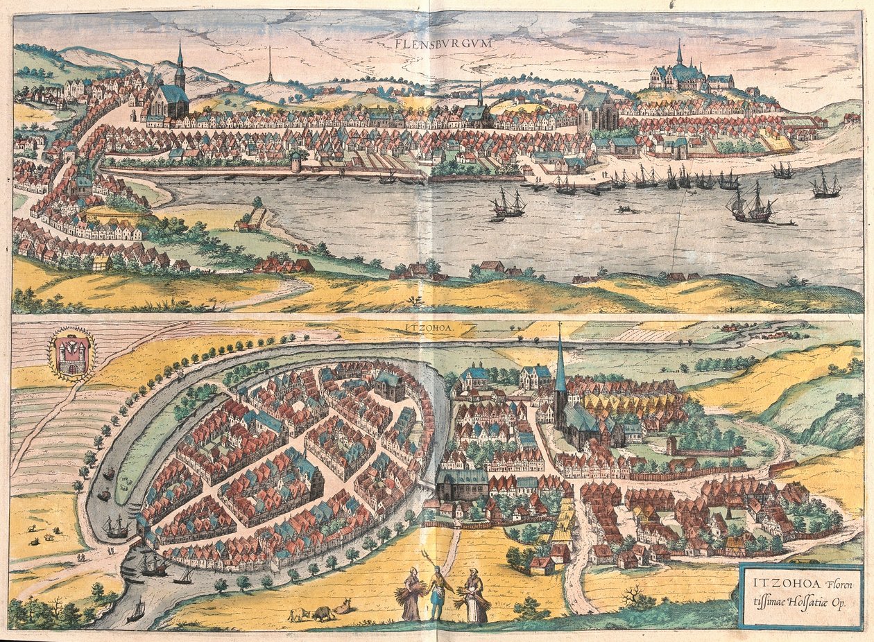 Flensburg en Itzehoe, Duitsland (gravure) door Franz Hogenberg