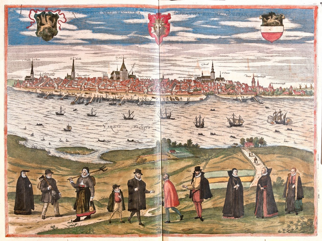 Algemeen uitzicht op Rostock, Duitsland (gravure) door Franz Hogenberg