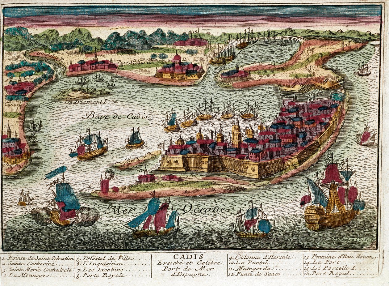 Kaart van Cadiz - Spanje (gravure) door Franz Hogenberg