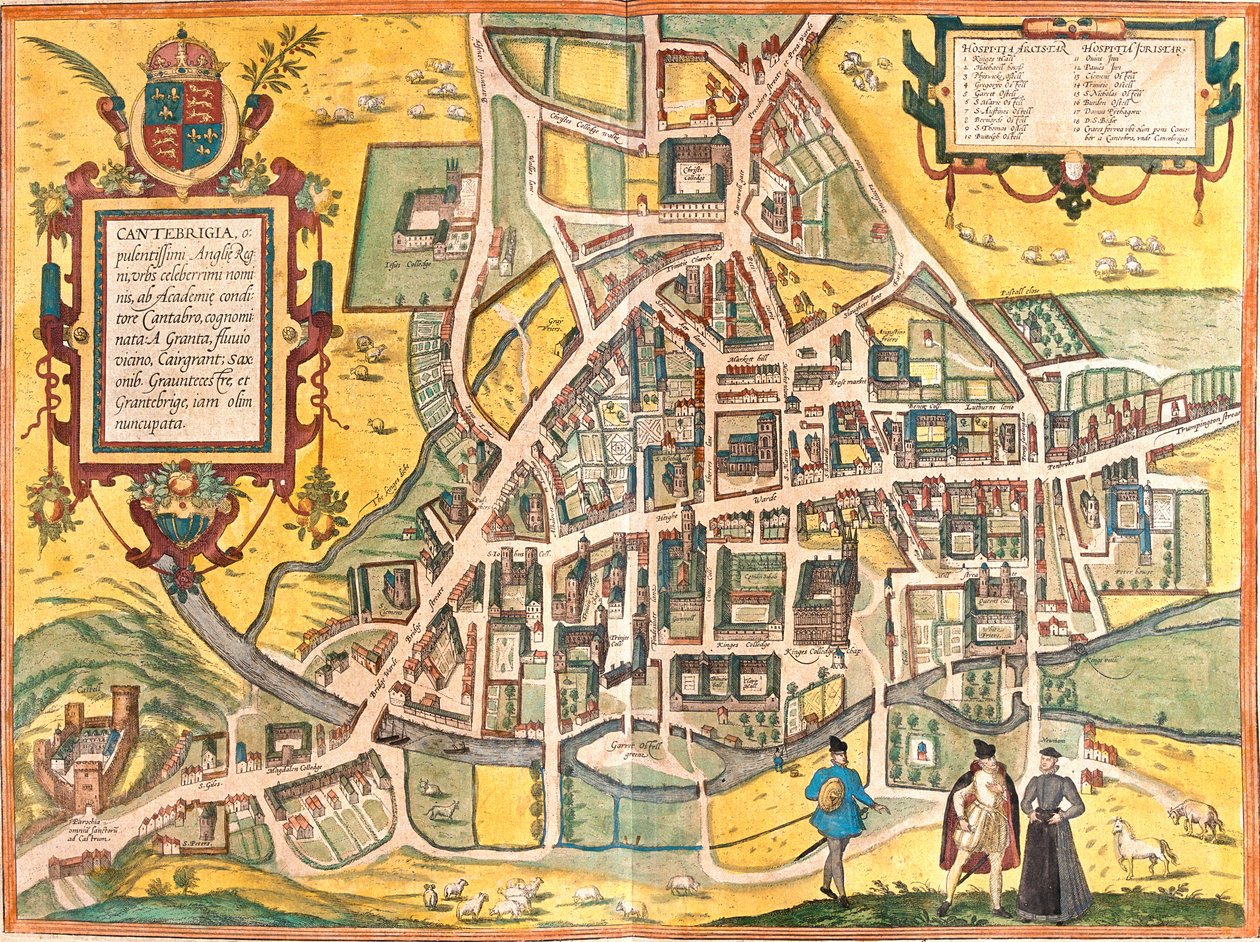 Kaart van Cambridge (Cantebrigia), Engeland door Franz Hogenberg
