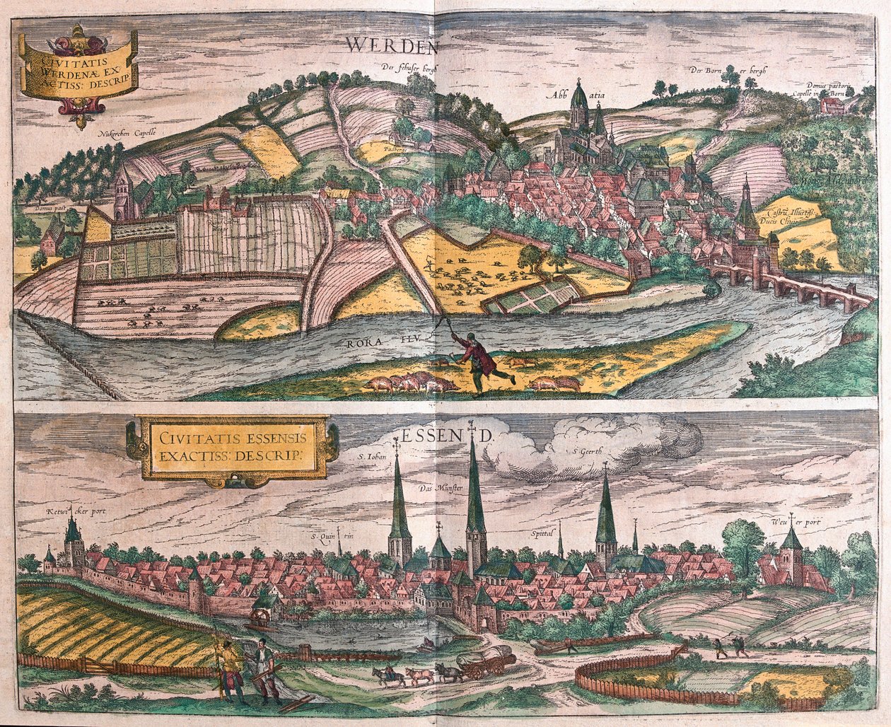 Werden en Essen, Duitsland (gravure) door Franz Hogenberg