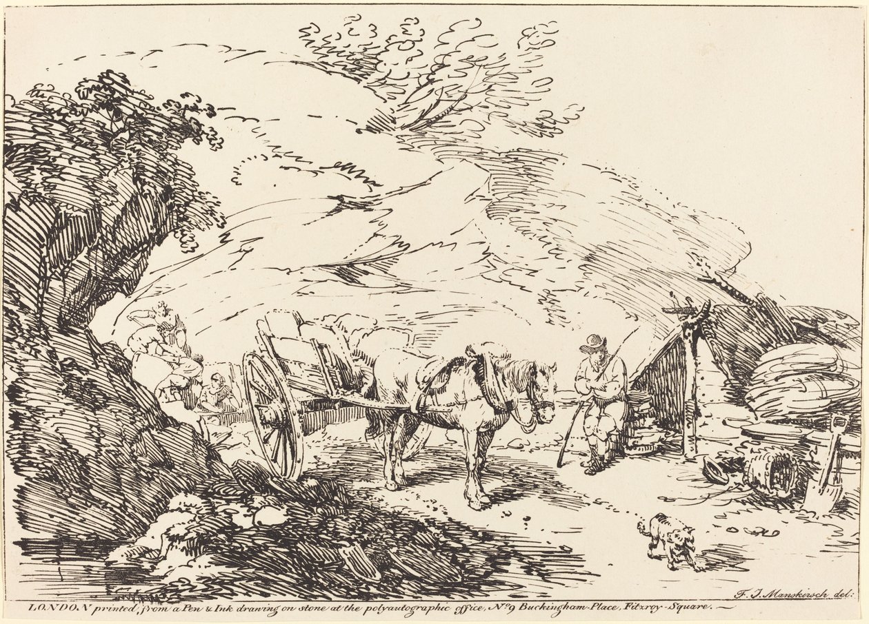 Paard en wagen in steengroeve door Franz Joseph Manskirch
