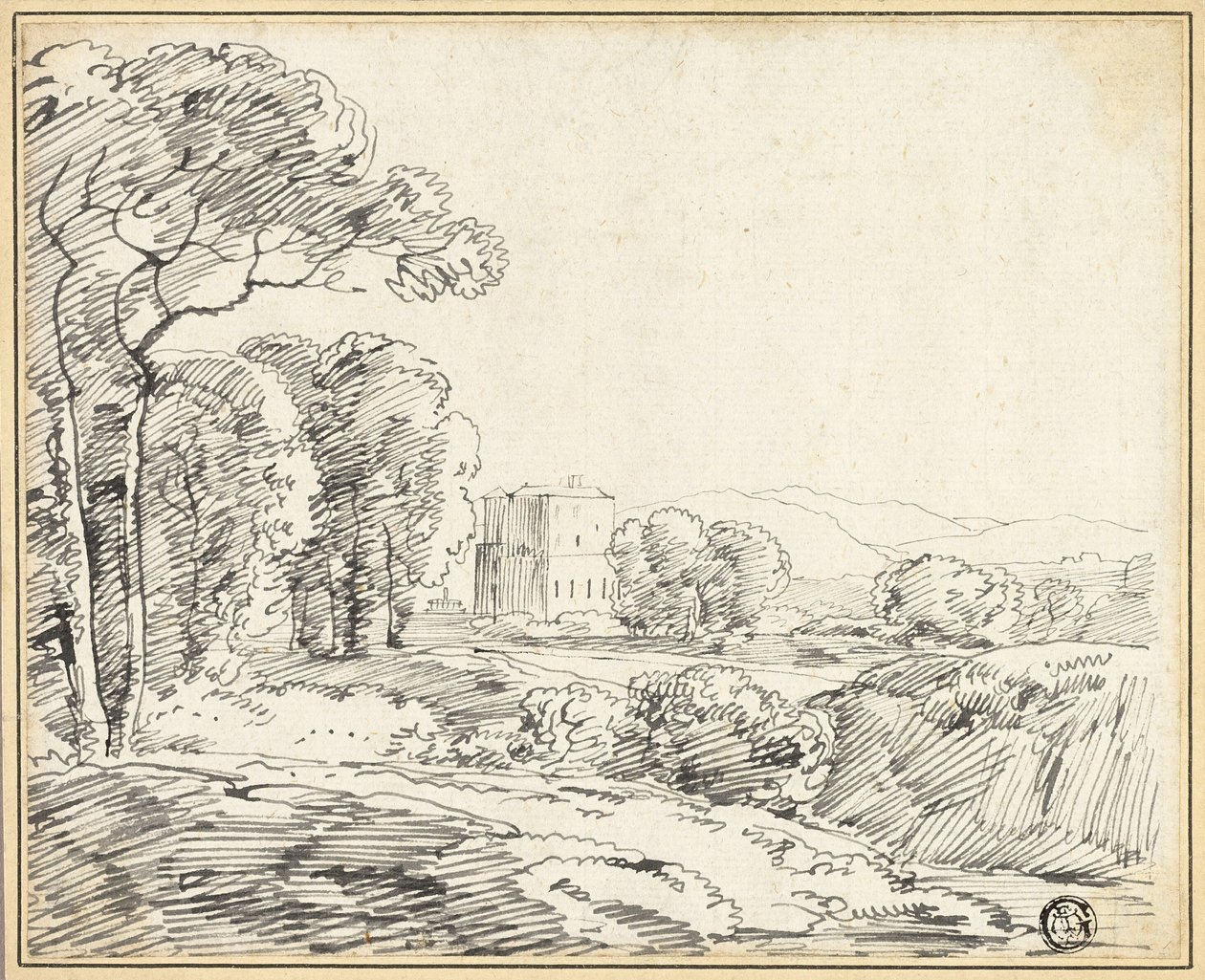 Landschap, Huis in park door Franz Kobell