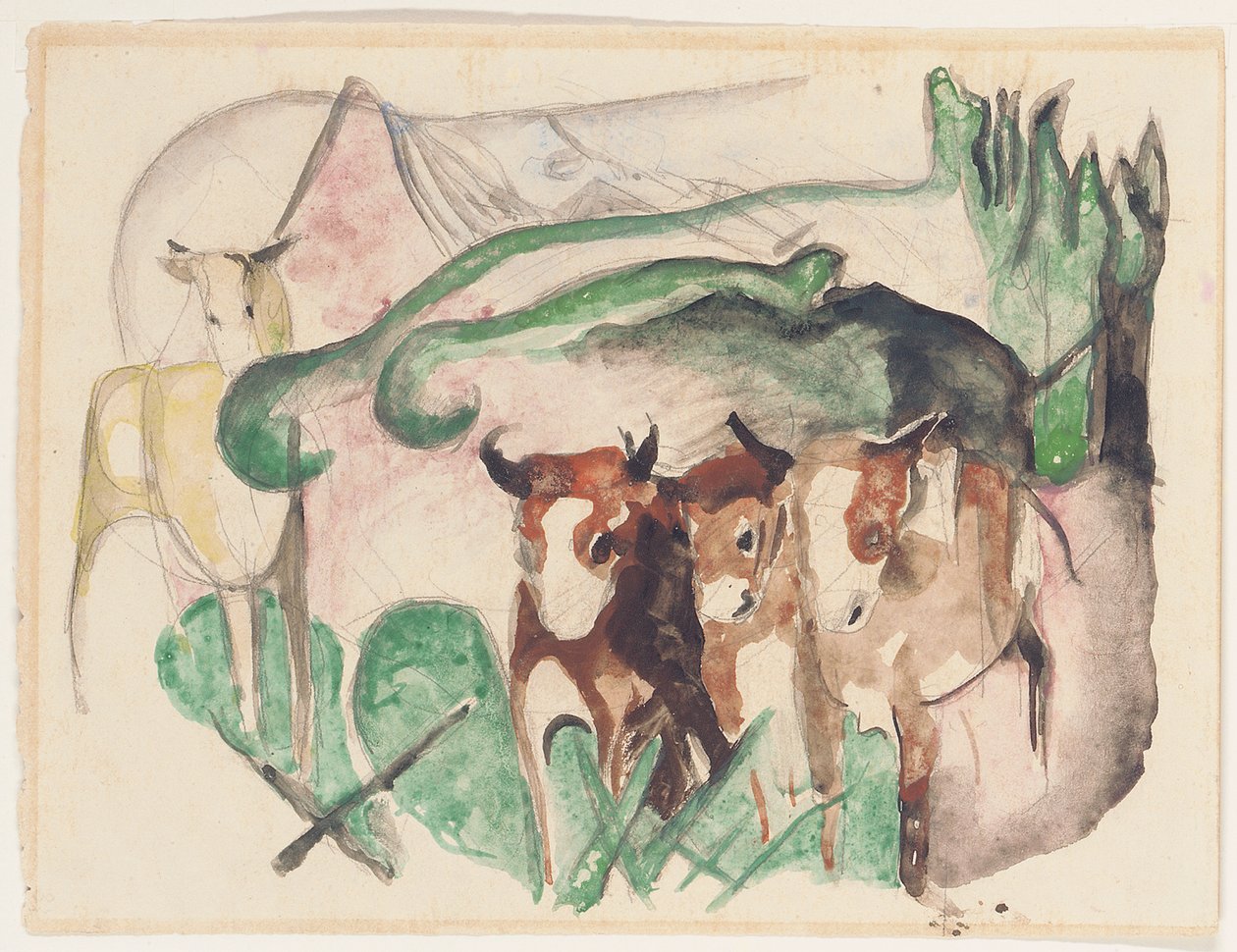 Dieren in een landschap door Franz Marc
