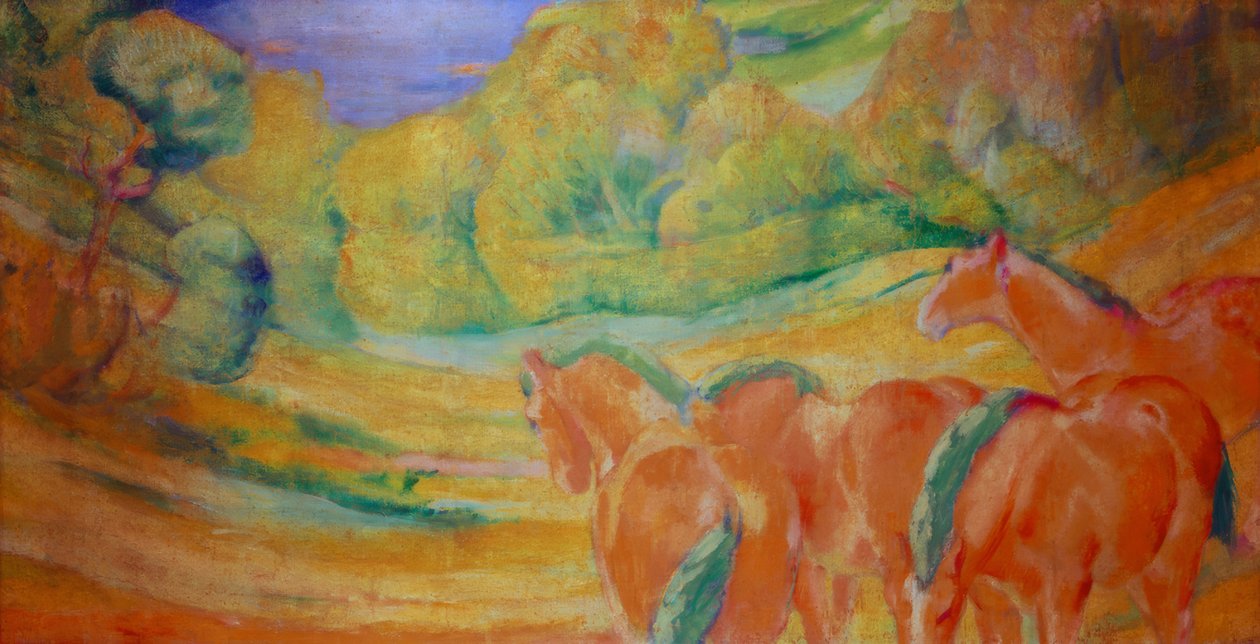 Groot landschap I (landschap met rode paarden) door Franz Marc
