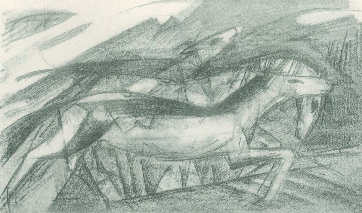 Jachtpaarden in een abstract landschap door Franz Marc