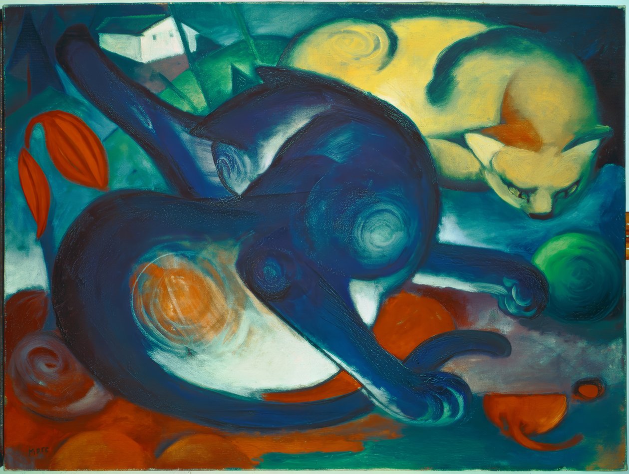 Twee katten, blauw en geel door Franz Marc