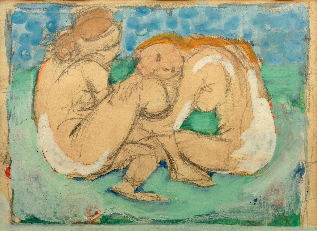 Twee vrouwelijke naakten op blauw door Franz Marc