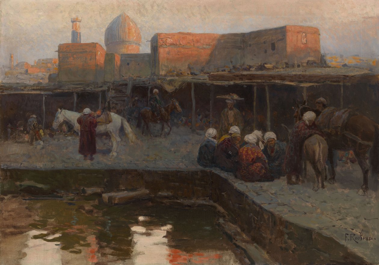 Caravanserai bij Gur-e Amir in Samarkand door Franz Roubaud