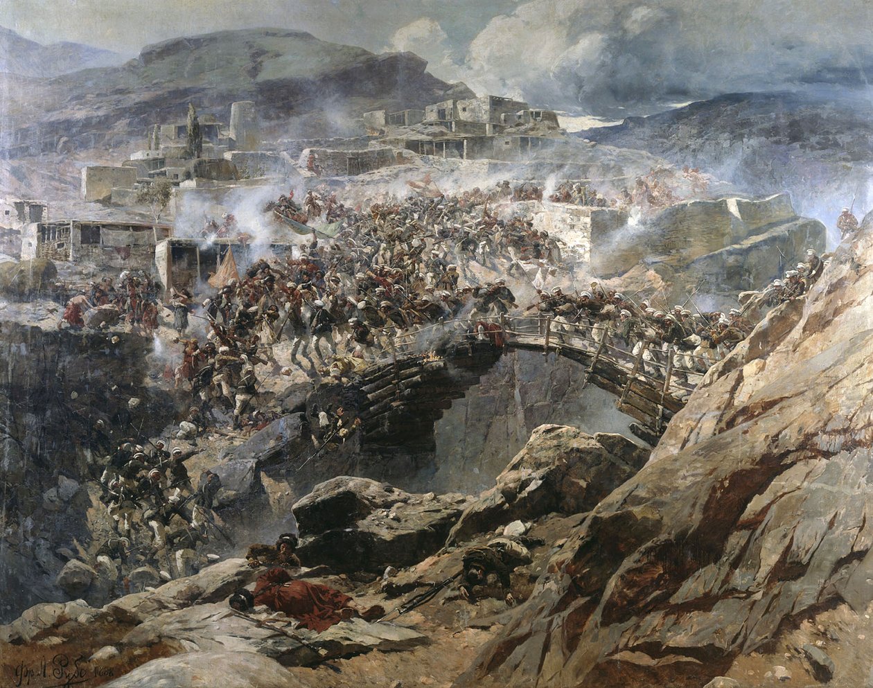 Het beleg van Akhoulgo, 1888 door Franz Roubaud