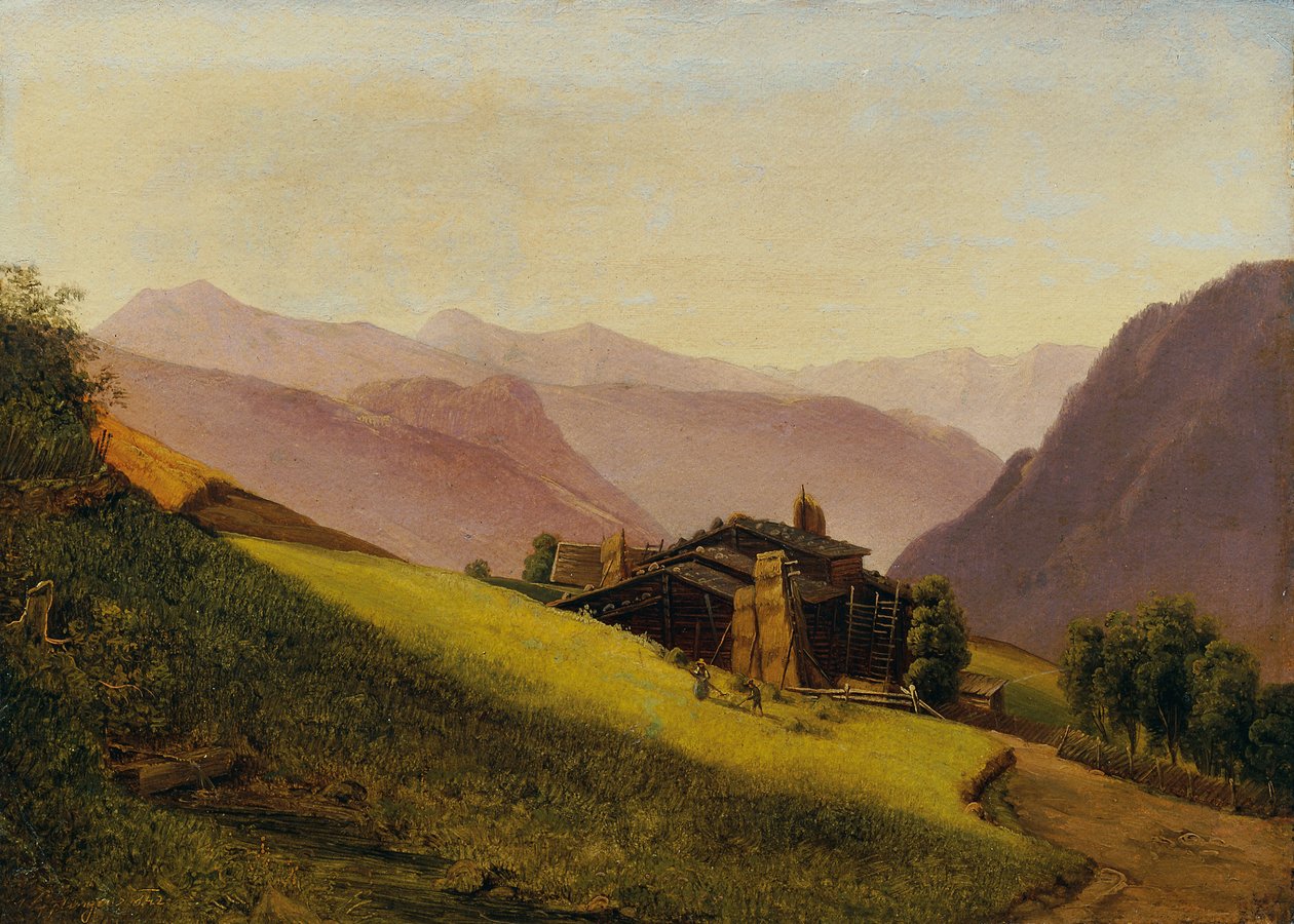 Berglandschap met alpenhutten en hooiende boeren door Franz Wipplinger
