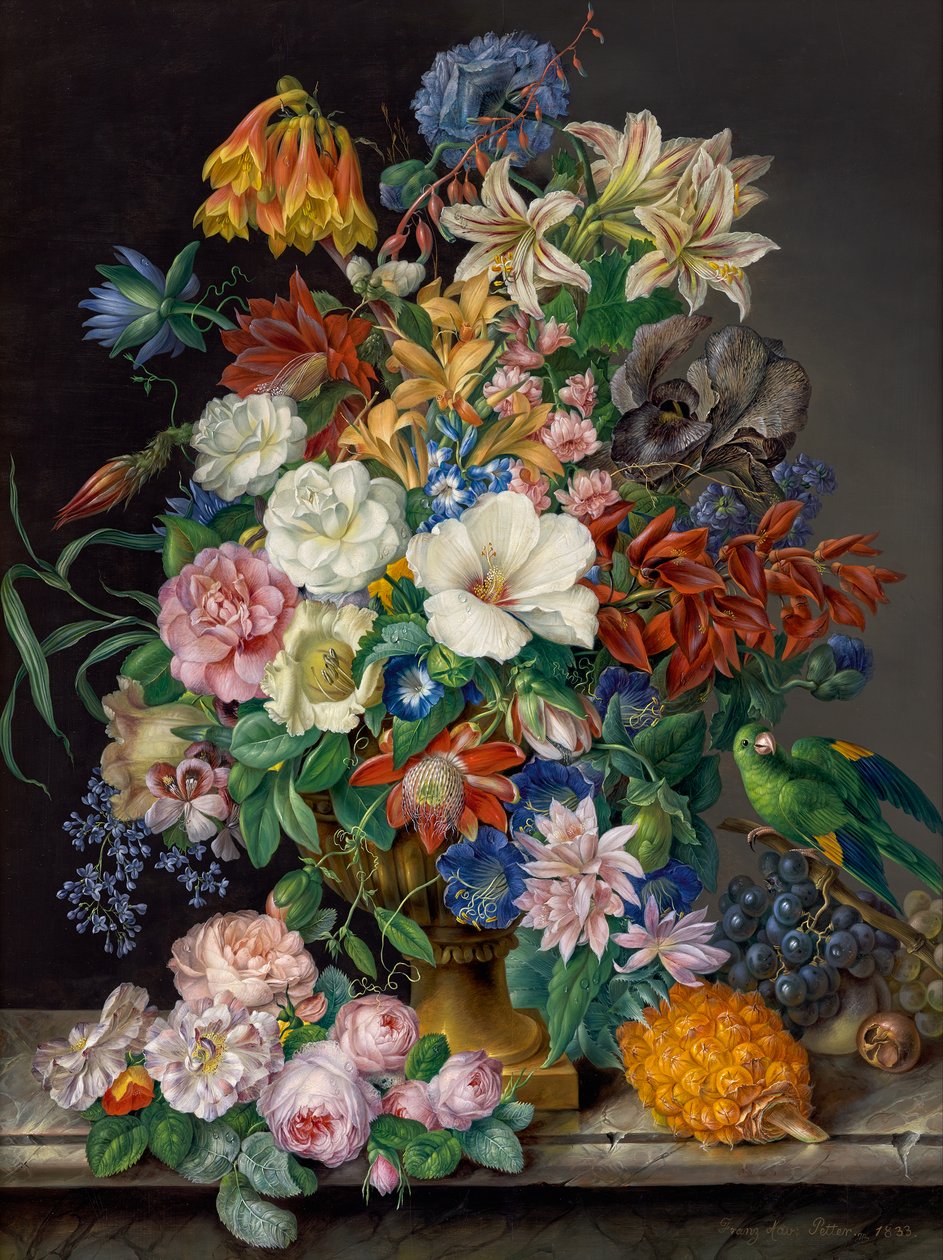 Bloemenstuk met ananas, druiven en papegaai door Franz Xaver Petter