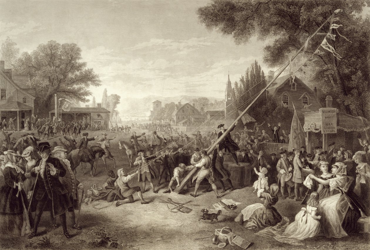 Het oprichten van de Vrijheidspaal, 1776, gegraveerd door John C. McRae, 1875 door Frederic A. Chapman