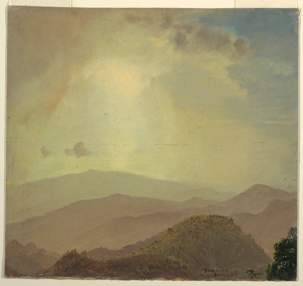 Tekening, Heuveltop bij zonsondergang, juli 1865 door Frederic Edwin Church