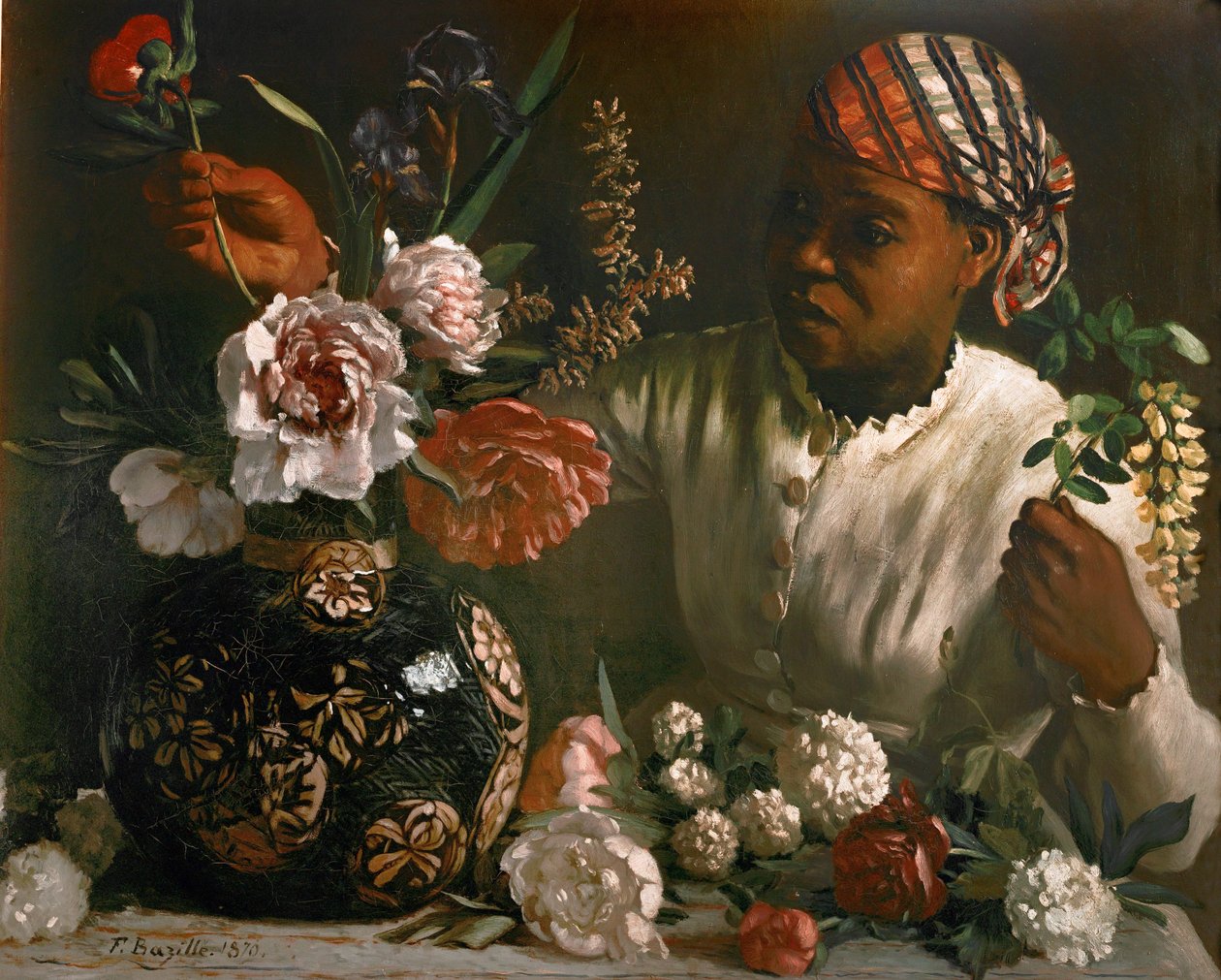 Zwarte vrouw met pioenen ... (olieverf op doek) door Frédéric Bazille