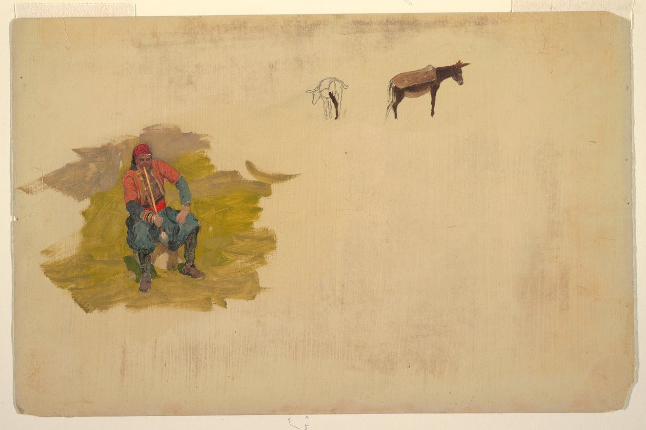 Tekening, Nabije Oosten, man; ezel, 1868-69 door Frederic Edwin Church