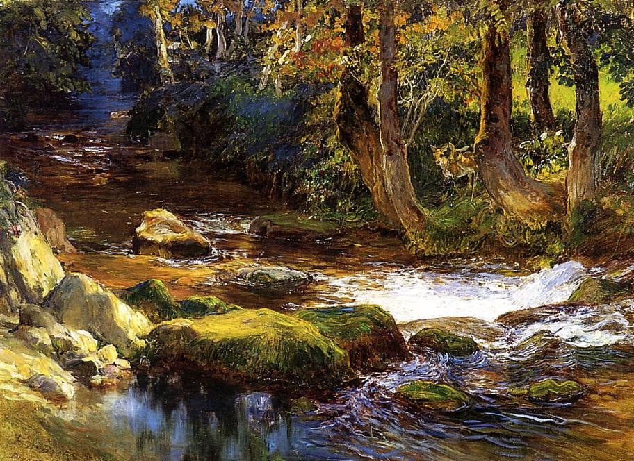 Rivierlandschap met hert door Frederick Arthur Bridgman