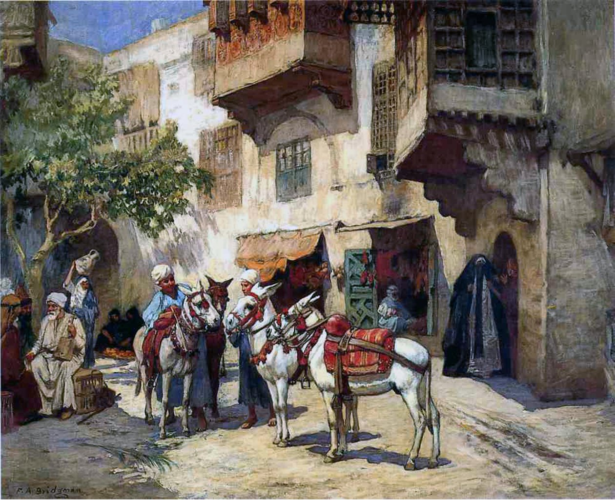 Oosterse Straat met Ezels door Frederick Arthur Bridgman