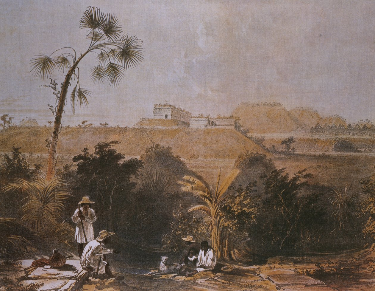 Panoramisch uitzicht op Uxmal, Yucatan, Mexico, illustratie uit 
