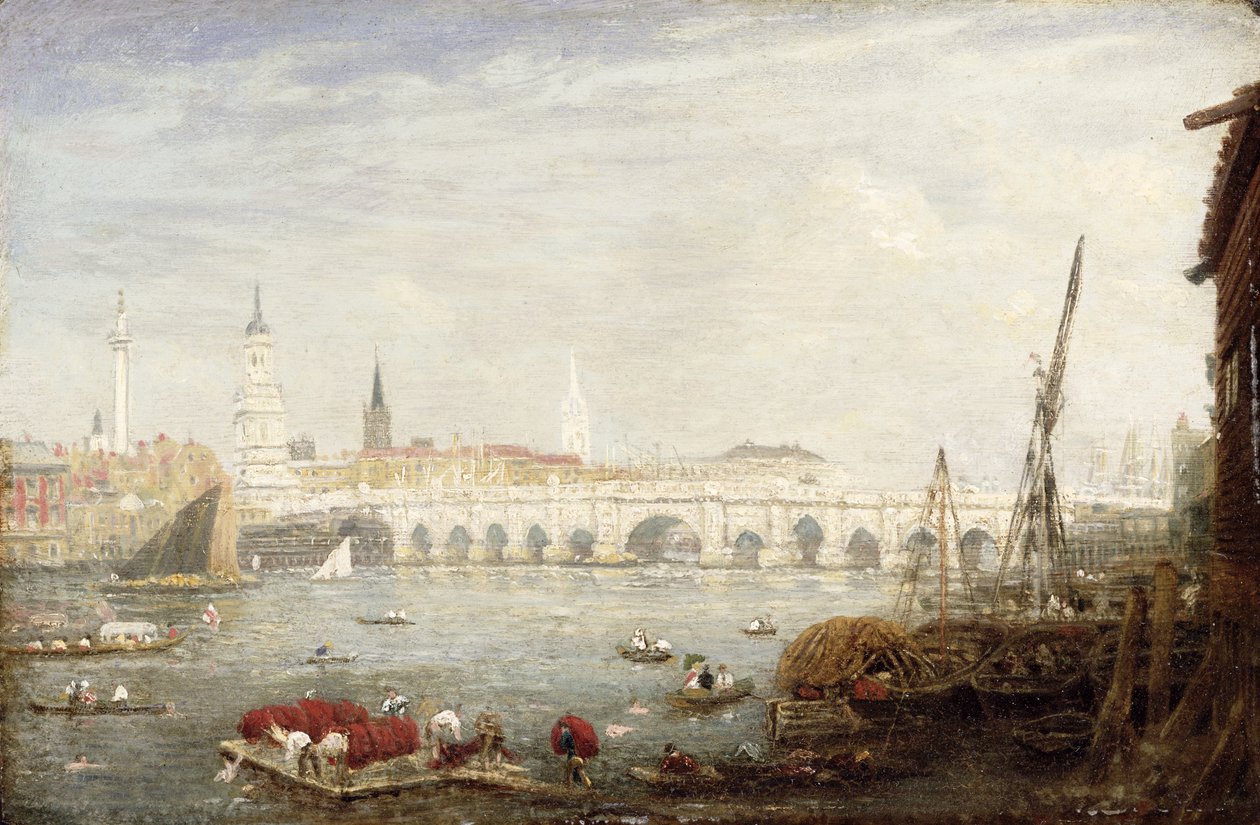 Het Monument en de London Bridge, c.1820-80 door Frederick Nash