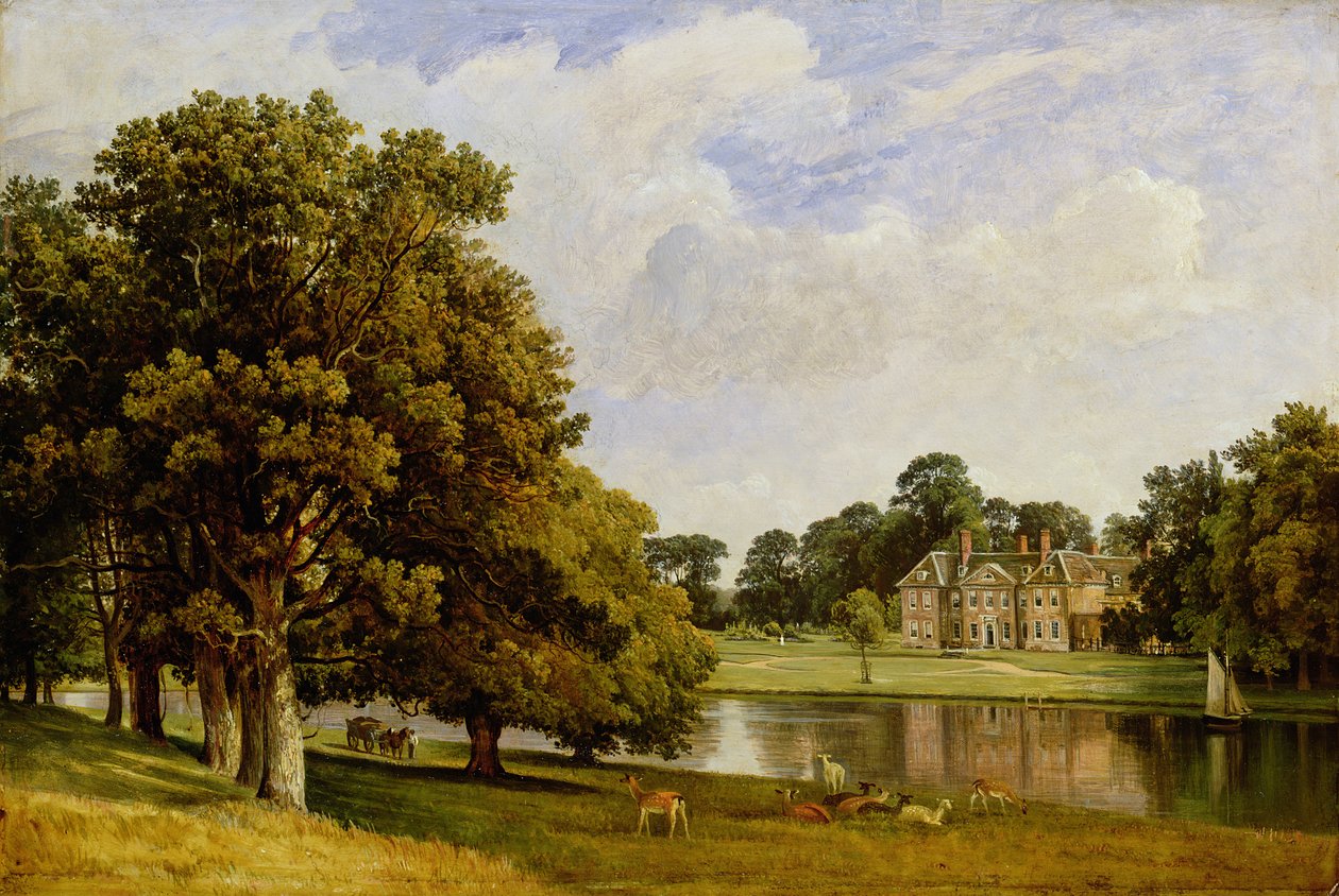 Herten grazen bij het meer, Chilston Park, Kent door Frederick Richard Lee