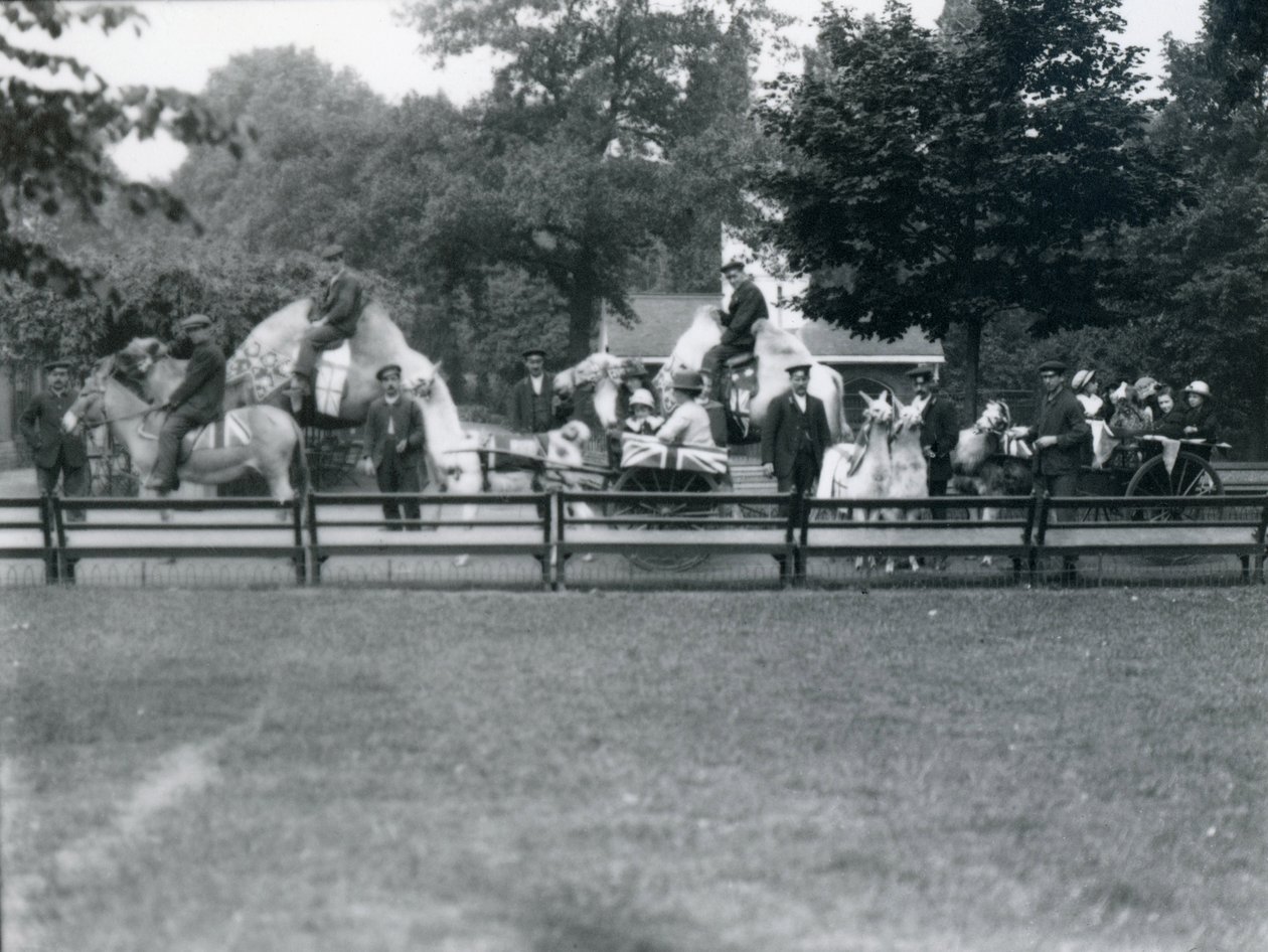 Rijdende dieren versierd voor de Vredesdagvieringen, 19 juli 1919 door Frederick William Bond