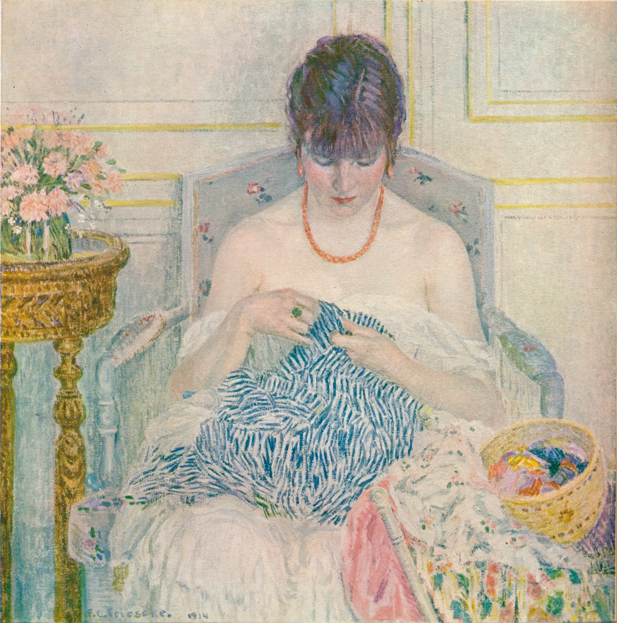 Een meisje dat naait door Frederick Carl Frieseke