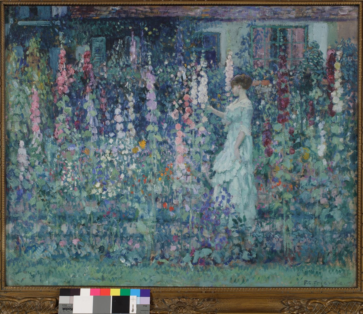 Stokrozen door Frederick Carl Frieseke