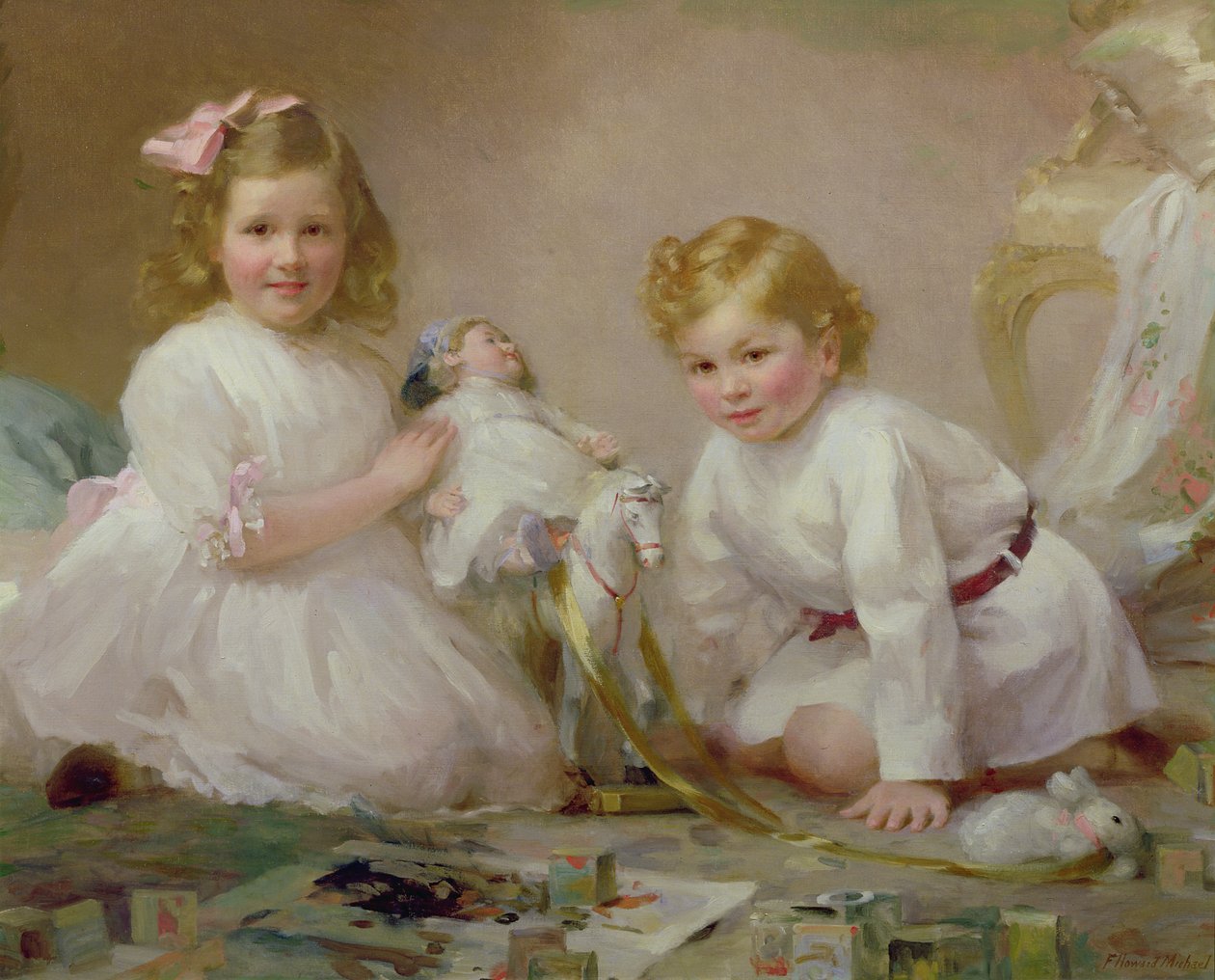 Een broer en zus die spelen, 1915 door Frederick Howard Michael