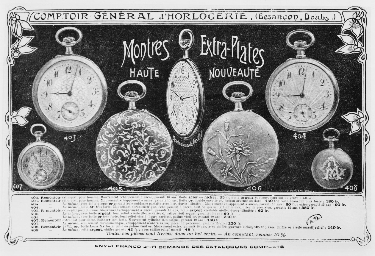 Reclame voor zakhorloges, Comptoir General dhorlogerie, ca. 1900 door French Photographer