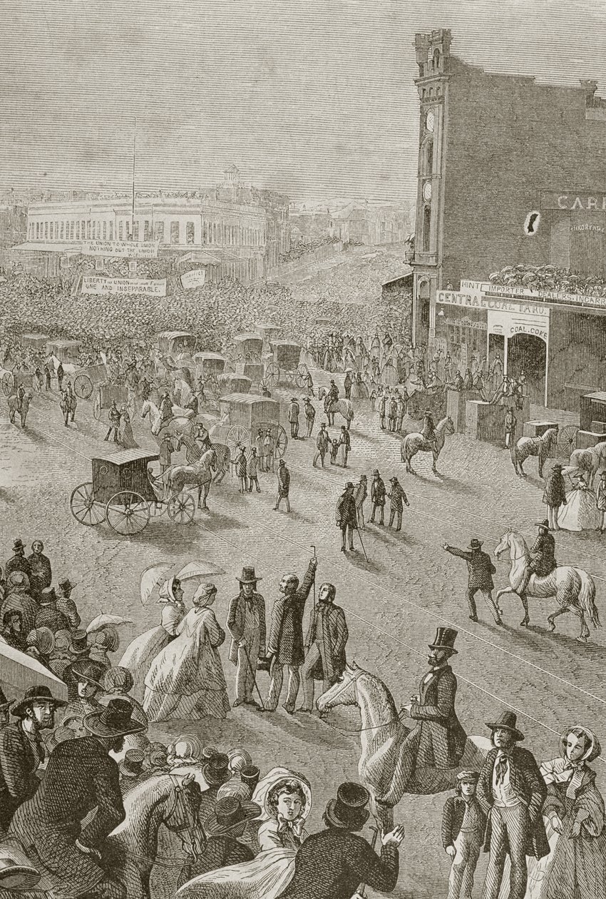 Een straatbijeenkomst in de jaren 1850, San Francisco, uit 