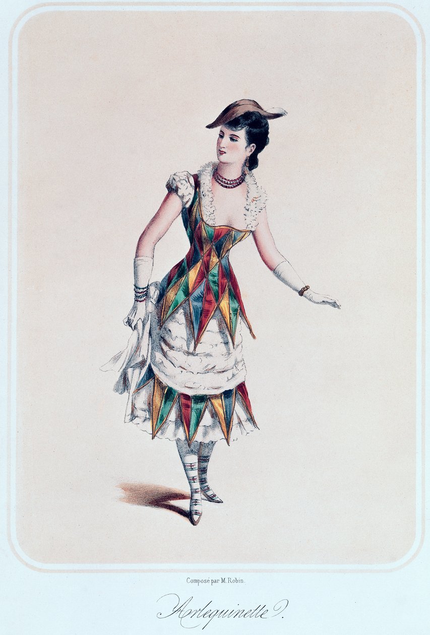 Kostuumontwerp voor een vrouwelijke harlekijn, c.1880 door French School