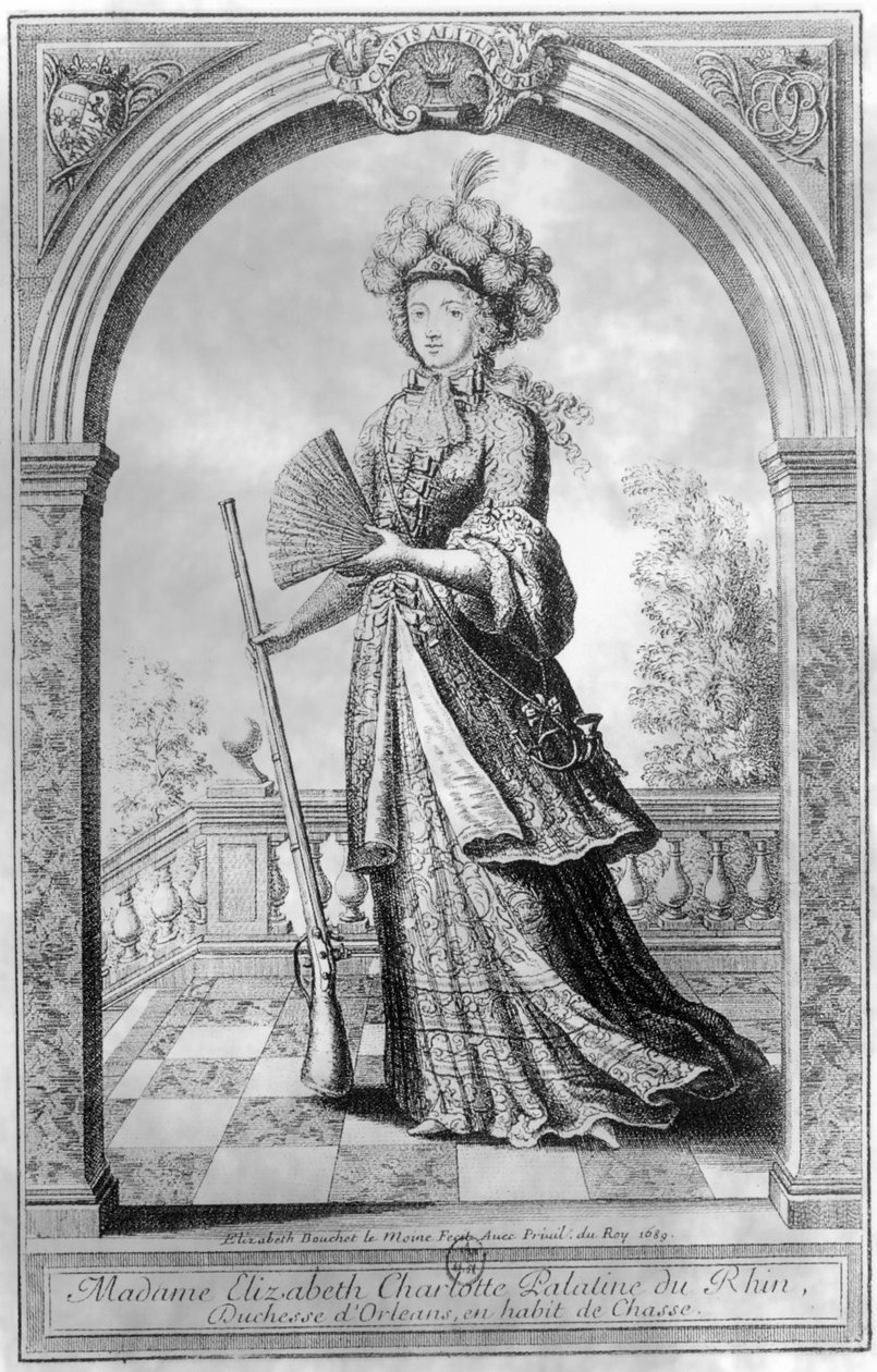 Elizabeth Charlotte van de Palts, Hertogin van Orléans, in jachtkostuum, 1689 door French School