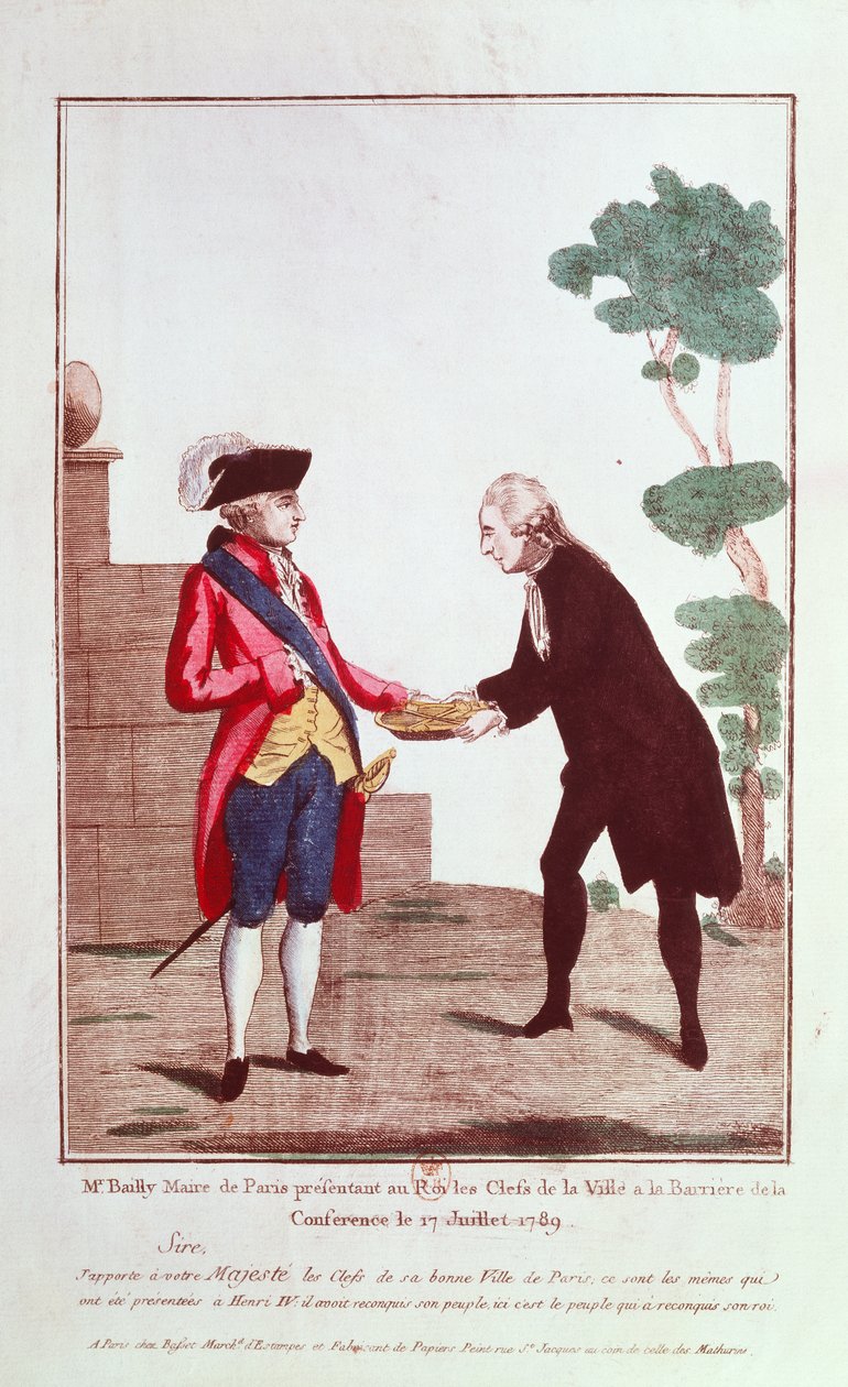 Jean Sylvain Bailly (1736-93) presenteert Louis XVI (1754-93) de sleutels van de stad Parijs, 17 juli 1789 door French School