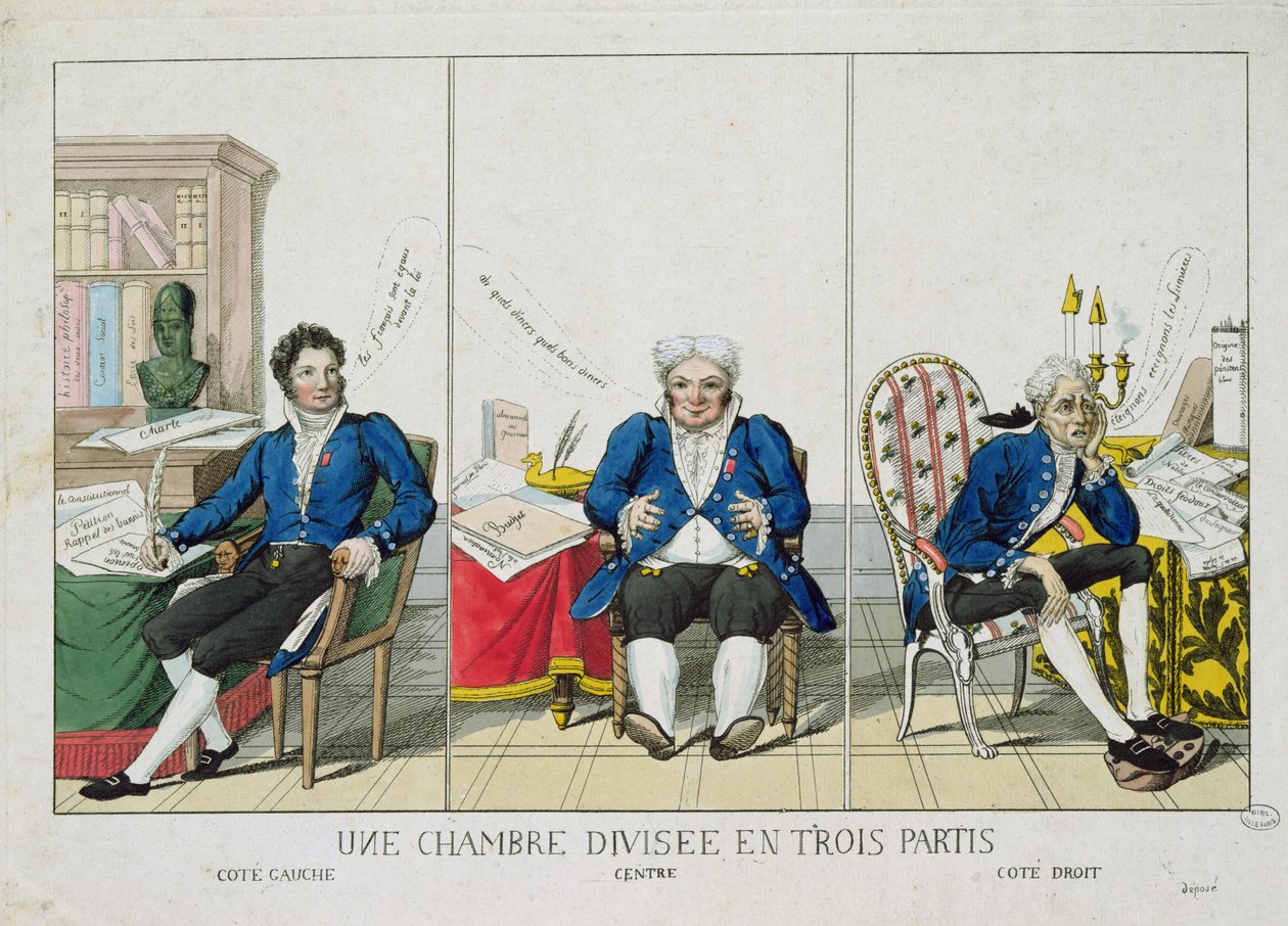 La Chambre Divisee en Trois Partis, karikatuur van de Nationale Vergadering, 1819 door French School
