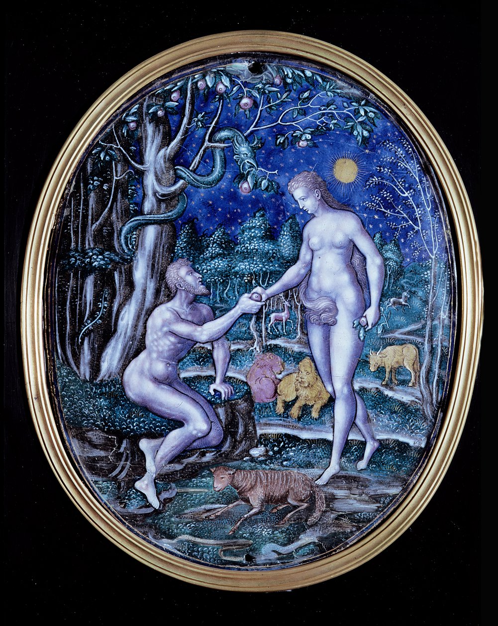 Limoges-plaat met Adam en Eva, ca. 1570 door French School