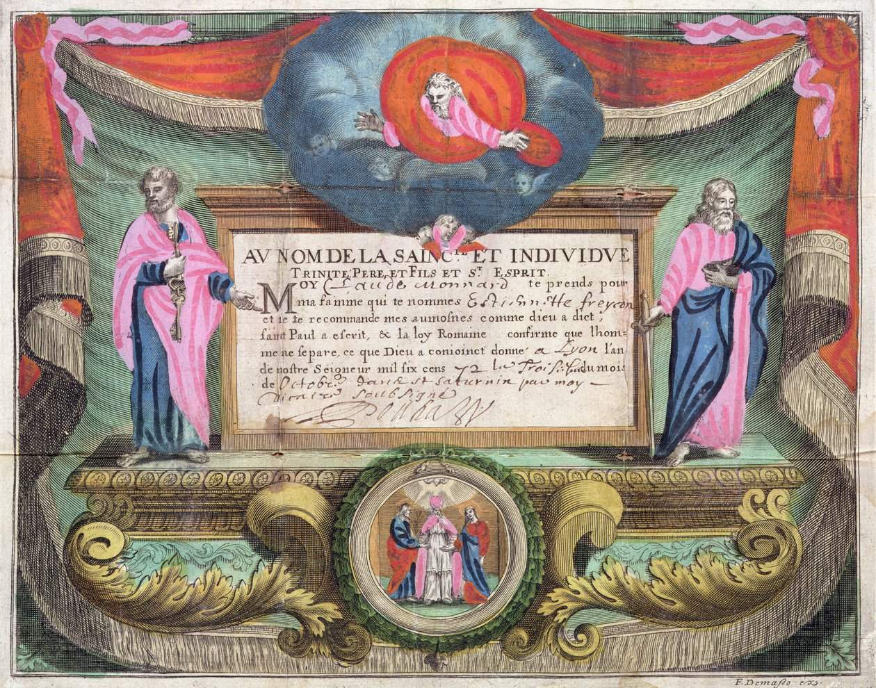 Huwelijksakte voor Claude Monnard uitgegeven in Lyon in 1672 door French School