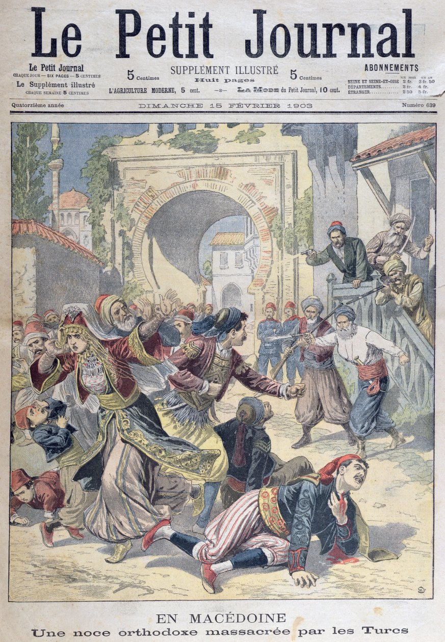 Bloedbad op een Macedonische orthodoxe bruiloft door Turken, uit Le Petit Journal, 15 februari 1903 door French School