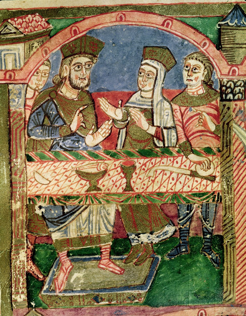 Ms 250 f.24r St. Radegund (518-87) aan de tafel van Clothar I (497-561) uit het Leven van St. Radegund (detail) door French School