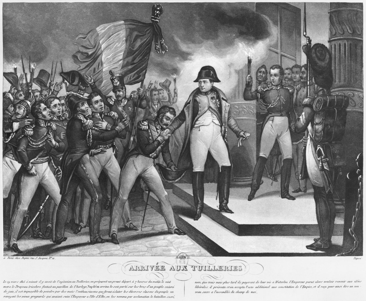 Napoleon I (1769-1821) arriveert bij de Tuilerieën op 20 maart 1815, Parijs, gegraveerd door Roemhild door French School